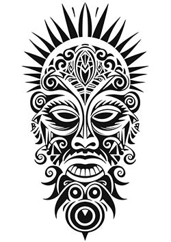 Tattoo template of a tribal mask with sunrays and animal motifs