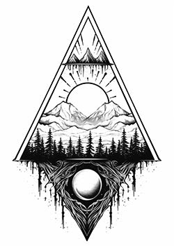 Tattoo template of a geometric nature scene with mountains and celestial bodies