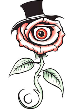 Tattoo template of a surreal rose with an eye and a top hat, symbolizing mystery and elegance