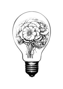 Tattoo template of a blooming flower inside a light bulb symbolizing inspiration