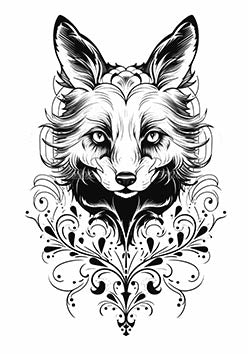 Tattoo template of a fox with ornate floral designs