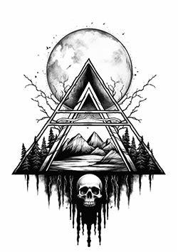 Tattoo template of a geometric nature scene with a skull under a moon