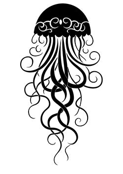 Tattoo template of a stylized jellyfish with flowing tentacles