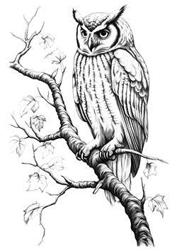 Tattoo template of a detailed owl on a branch with leaves