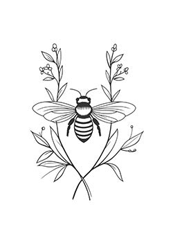 Tattoo template of a bee with floral elements