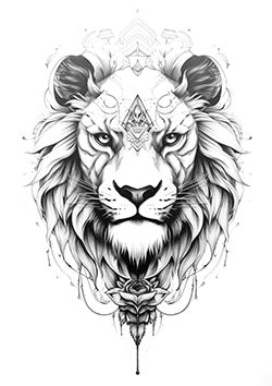 Tattoo template of a lion with geometric and floral patterns