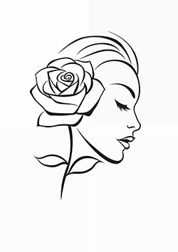 Tattoo template of a woman's profile merging with a rose flower, symbolizing serenity and beauty.