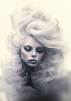 Tattoo template of a mesmerizing woman with flowing, cloud-like hair exuding mystery and elegance