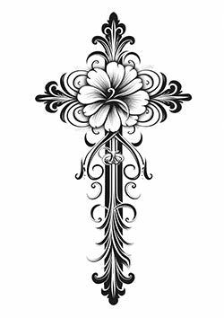 Tattoo template of an ornate cross with a floral design