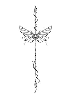 Tattoo template of a butterfly with a vertical vine and intricate lines