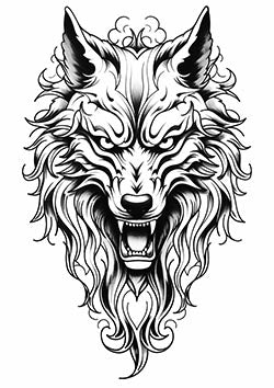 Tattoo template of an ornate fierce wolf design