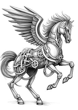 Tattoo template of a pegasus with mechanical gears and robotic parts