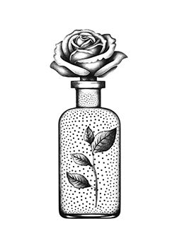 Tattoo template of a rose in a dotted perfume bottle