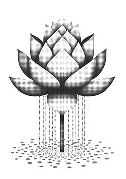 Tattoo template of a dotted lotus flower with ink drops.