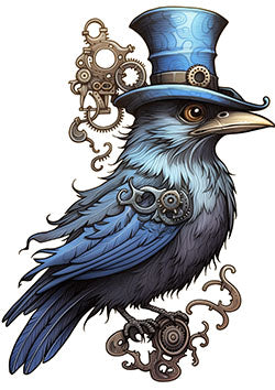 Tattoo template of a detailed raven with gears and a top hat, showcasing steampunk and mechanical art.