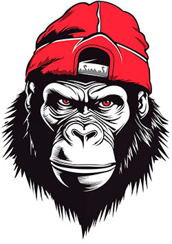 Tattoo template of a fierce gorilla face with a backwards red cap exuding primal strength and urban style