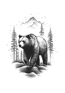 Tattoo template of a solitary bear in a majestic mountain forest landscape