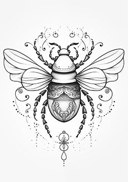 Tattoo template of a detailed bee with intricate patterns and elegant swirling lines