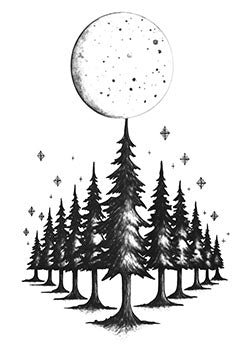 Tattoo template of a moon over pine trees