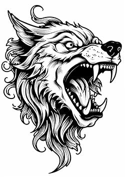 Tattoo template of a growling wolf with detailed fur and bared teeth