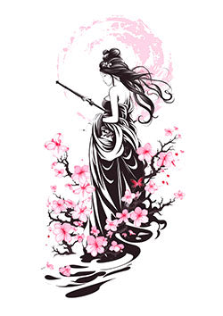 Tattoo template of a geisha with sakura blossoms