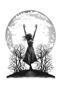 Tattoo template of a woman with arms raised against a moon