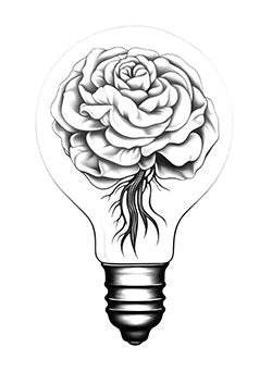 Tattoo template of a light bulb with a blooming rose inside, representing ideas and growth