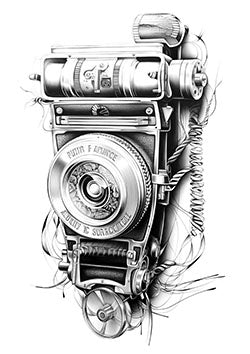 Tattoo template of a vintage camera with intricate mechanical elements and a nostalgic feel