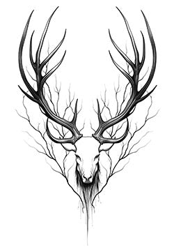 Tattoo template of a stag with interlocking antlers and branches