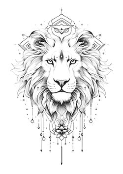 Tattoo template of a lion with geometric patterns and a lotus flower