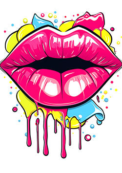 Tattoo template of a vibrant pop-art style hot pink lips dripping with neon colors