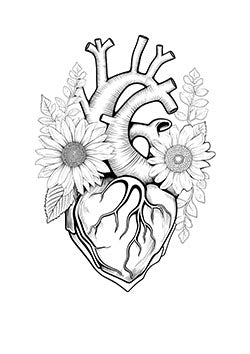 Tattoo template of a heart with sunflowers and foliage