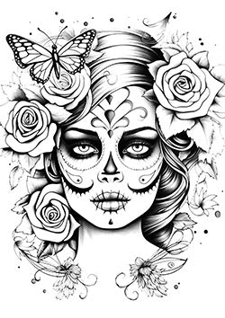 Tattoo template of a La Catrina face with flowers and butterfly