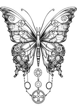 Tattoo template of a steampunk butterfly with gears and cogs integrated into its wings, symbolizing transformation.