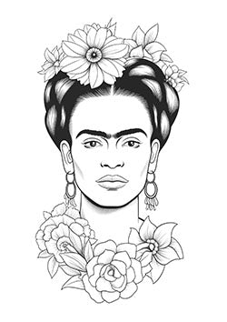 Tattoo template of a woman with flowers in her hair and around her neck, exuding strength and grace