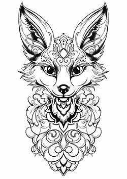 Tattoo template of a stylized fox with tribal designs