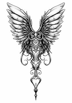 Tattoo template of an owl with outspread wings and detailed feathers