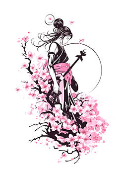 Tattoo template of a samurai with cherry blossoms