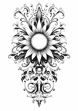 Tattoo template of a symmetrical floral design with filigree accents