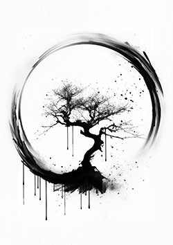 Tattoo template of a bonsai tree encircled by black ink splash