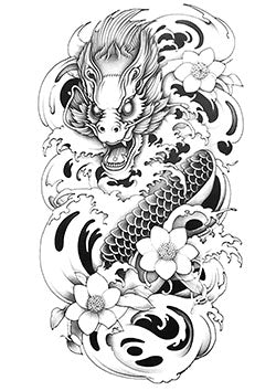 Tattoo template of a detailed dragon with flowers