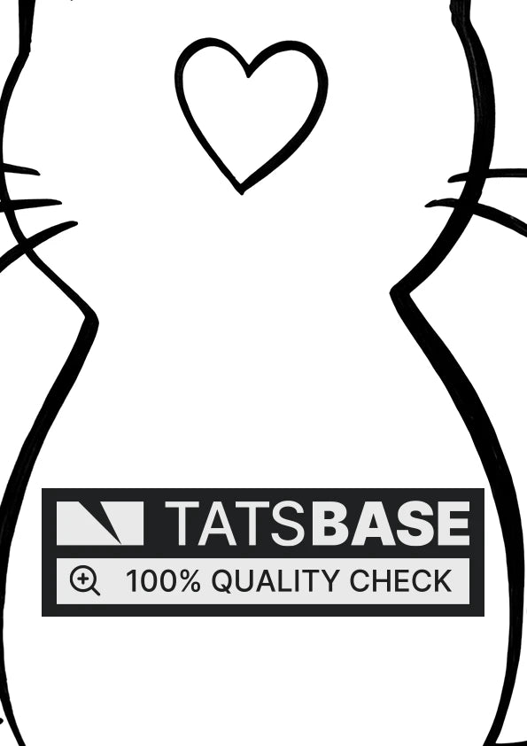 Tattoo template of a cat with a heart mark, minimalistic design.