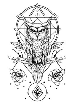 Tattoo template of a mystic owl with pentagram and roses