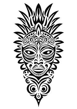 Tattoo template of a detailed tribal mask design with sharp lines and patterns