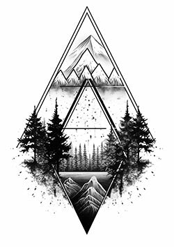 Tattoo template of a serene mountain landscape with trees