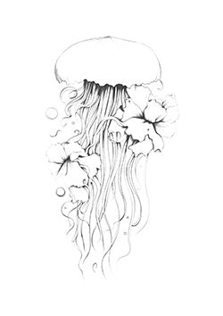 Tattoo template of a jellyfish with flowing tentacles and blooming flowers