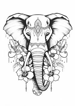 Tattoo template of a majestic elephant with intricate patterns, flowers, and butterflies