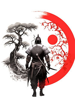 Tattoo template of a lone samurai with red sun and trees