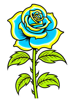 Tattoo template of a blue rose with yellow highlights and green leaves, symbolizing peace and beauty