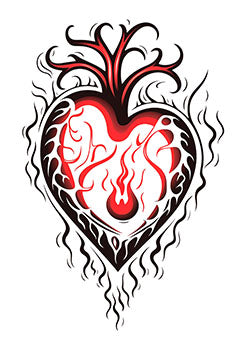 Tattoo template of a heart with flames and tribal patterns